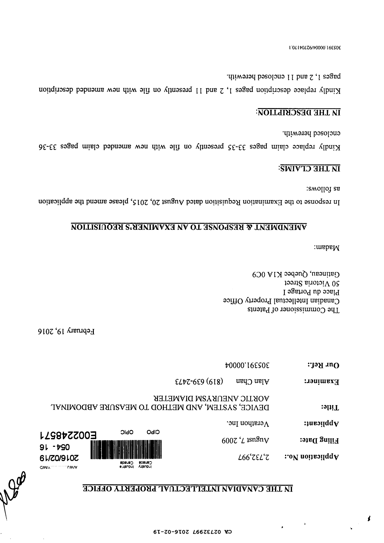 Document de brevet canadien 2732997. Poursuite-Amendment 20151219. Image 1 de 11