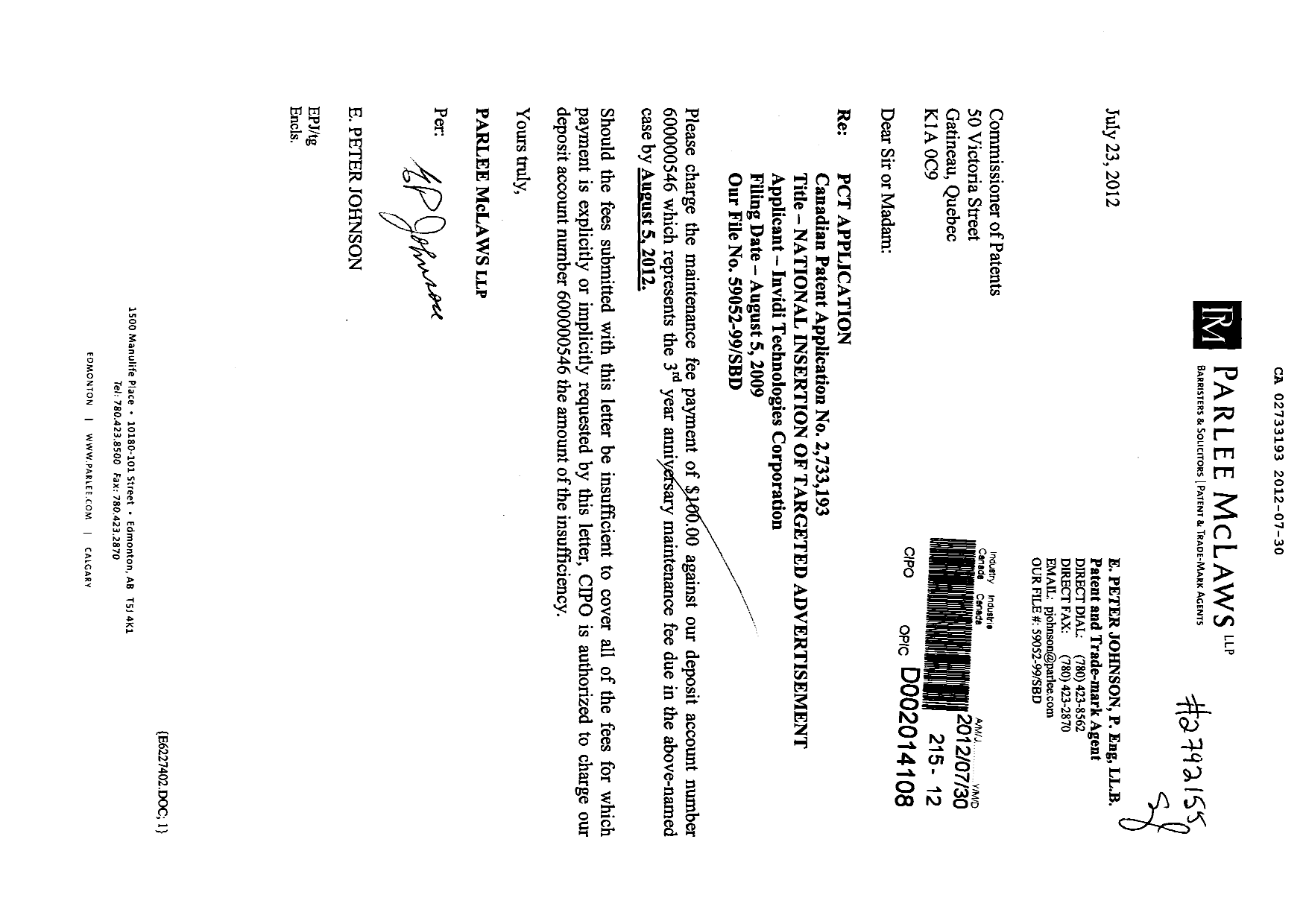 Document de brevet canadien 2733193. Taxes 20111230. Image 1 de 1