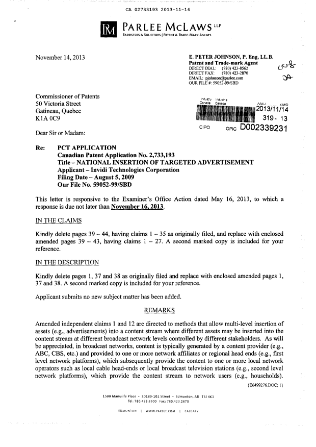 Document de brevet canadien 2733193. Poursuite-Amendment 20121214. Image 1 de 23