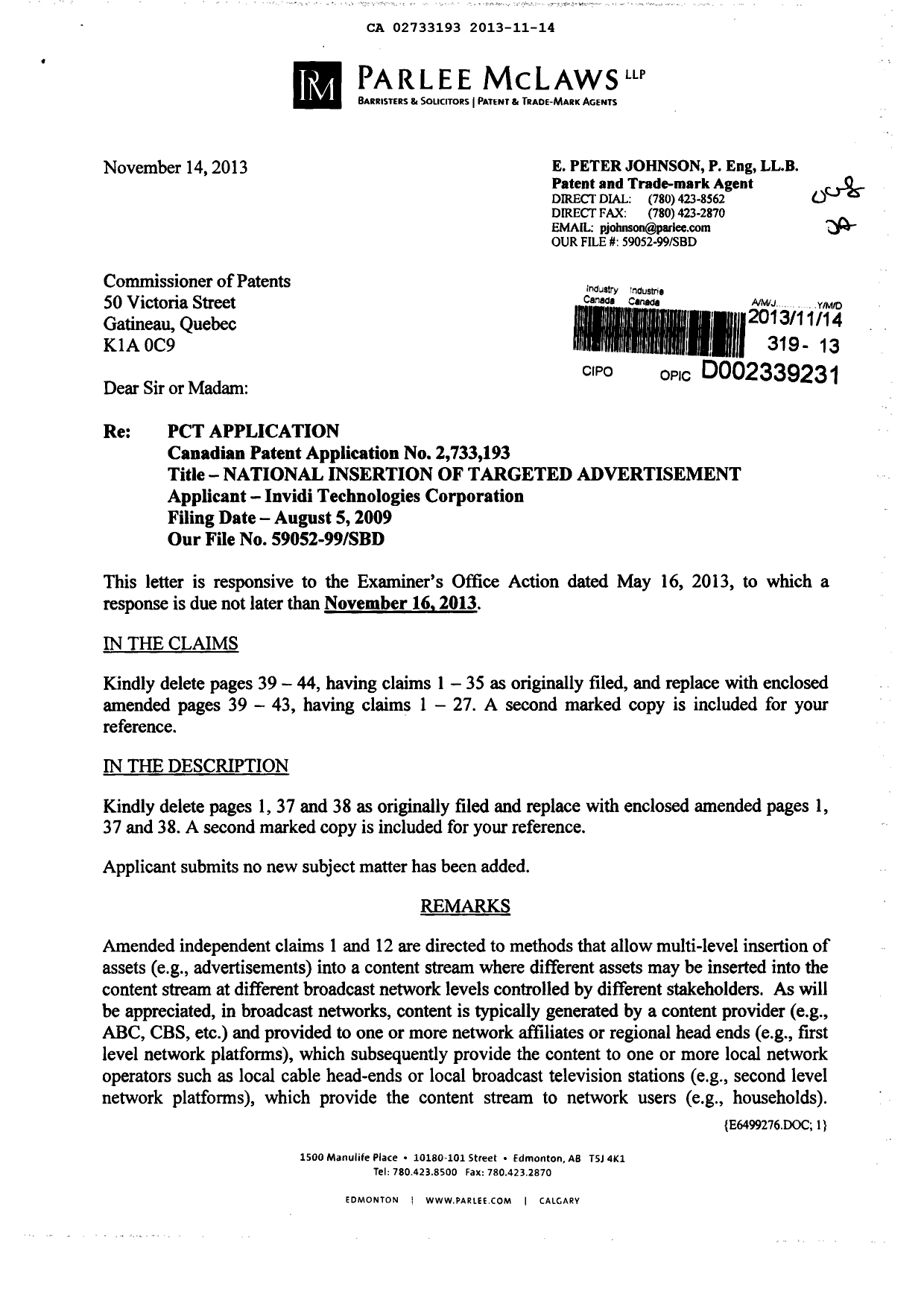 Document de brevet canadien 2733193. Poursuite-Amendment 20121214. Image 1 de 23