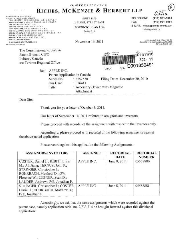 Document de brevet canadien 2733214. Cession 20111116. Image 1 de 2
