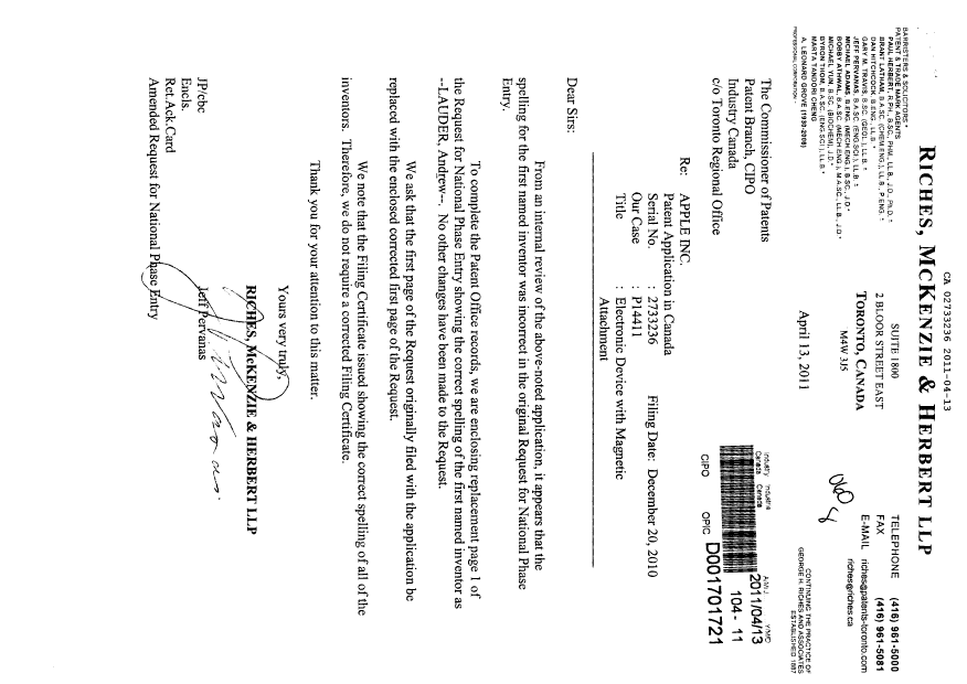 Canadian Patent Document 2733236. Correspondence 20110413. Image 1 of 2