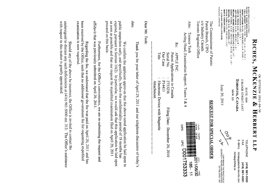Canadian Patent Document 2733236. Correspondence 20110630. Image 1 of 5