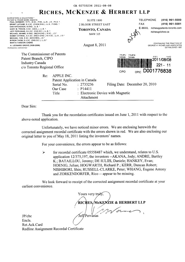 Document de brevet canadien 2733236. Cession 20110808. Image 1 de 11