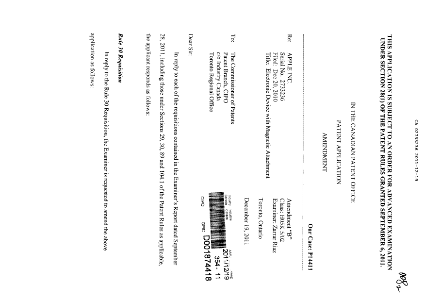 Canadian Patent Document 2733236. Prosecution-Amendment 20111219. Image 1 of 13