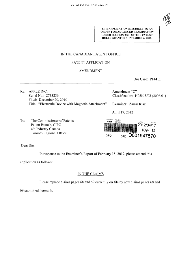 Document de brevet canadien 2733236. Poursuite-Amendment 20120417. Image 1 de 8