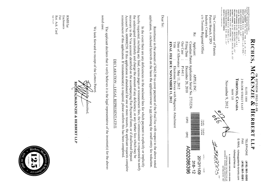 Canadian Patent Document 2733236. Correspondence 20121109. Image 1 of 1