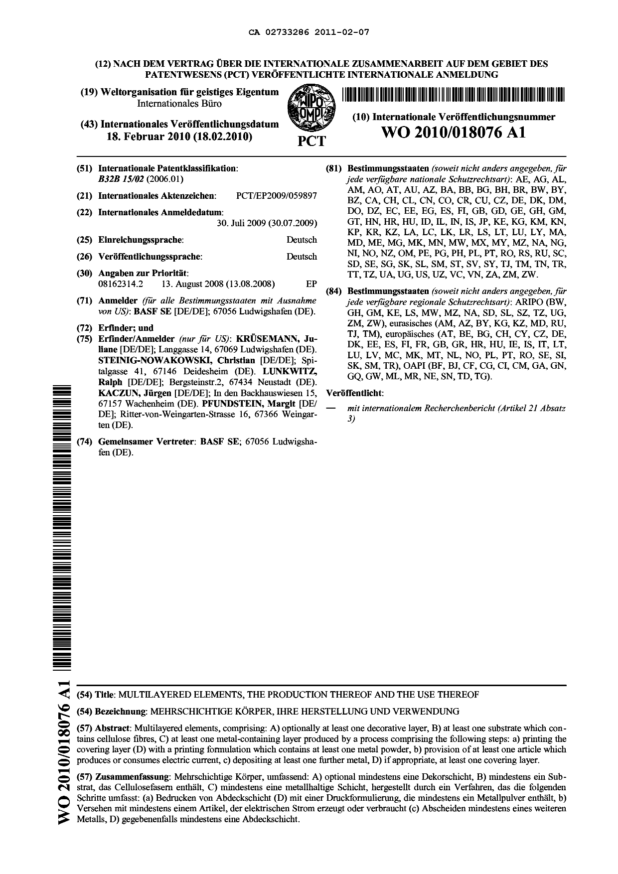 Document de brevet canadien 2733286. Abrégé 20110207. Image 1 de 1