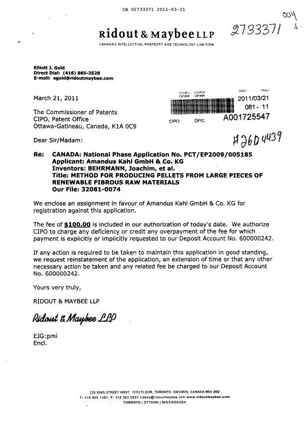 Document de brevet canadien 2733371. Cession 20110321. Image 1 de 3