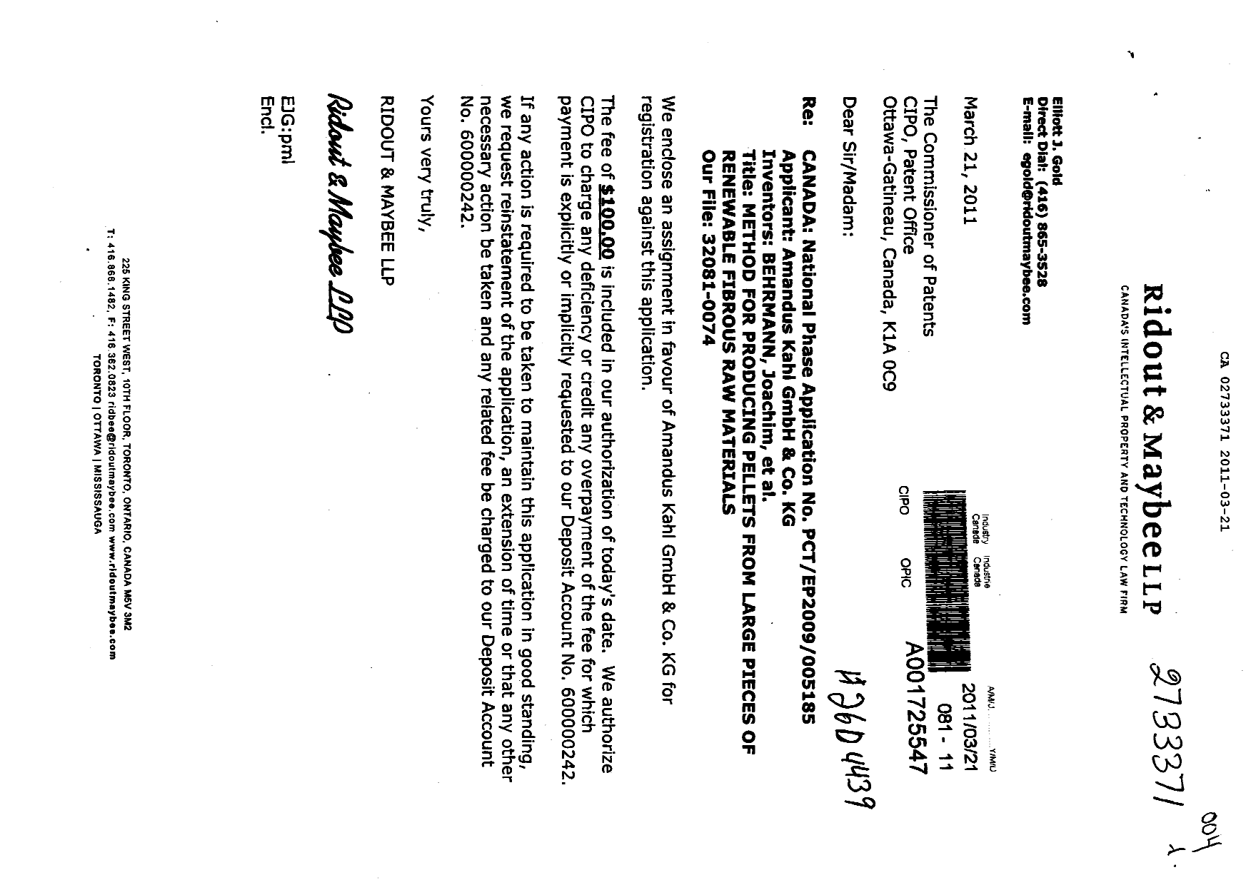 Canadian Patent Document 2733371. Assignment 20110321. Image 1 of 3