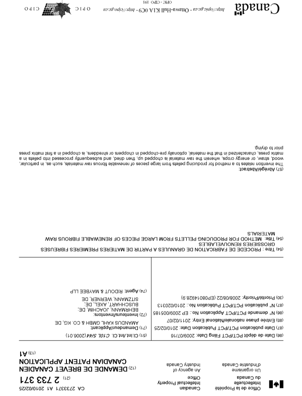 Canadian Patent Document 2733371. Cover Page 20110407. Image 1 of 1