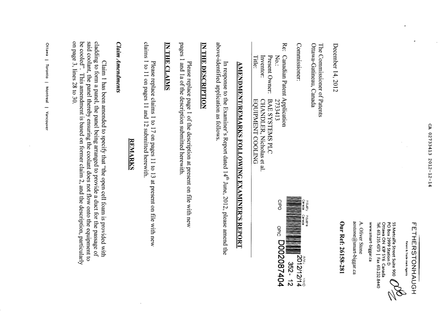 Document de brevet canadien 2733413. Poursuite-Amendment 20121214. Image 1 de 8