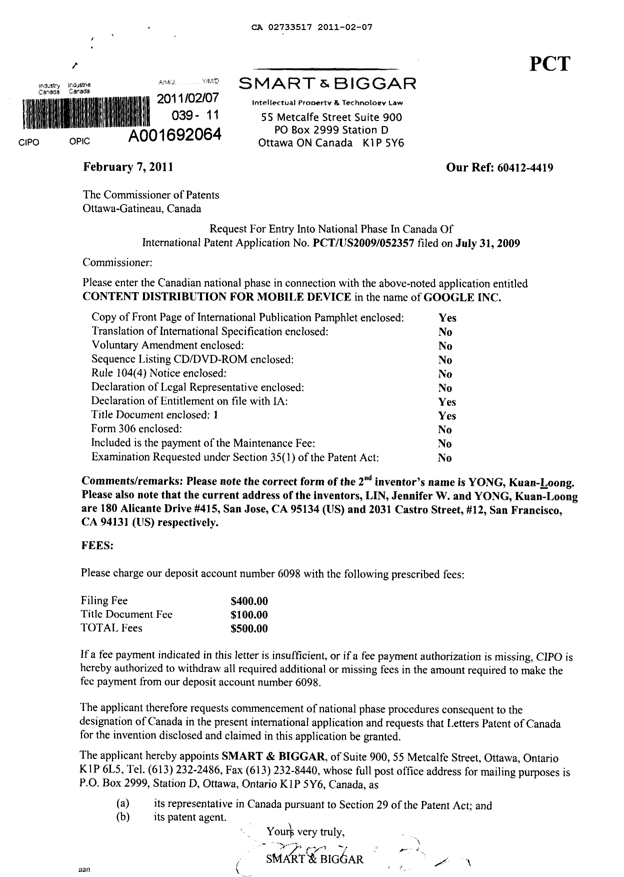 Document de brevet canadien 2733517. Cession 20110207. Image 1 de 10