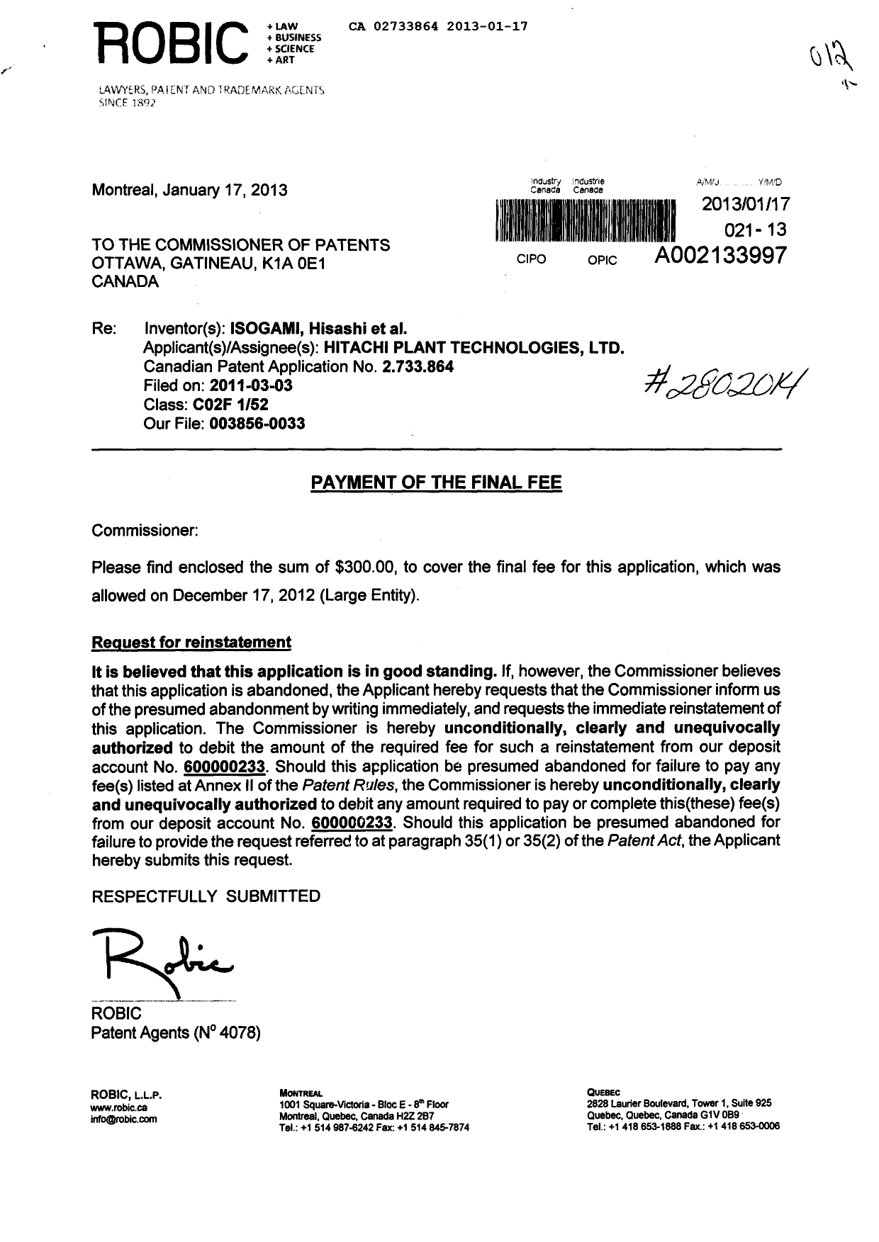 Document de brevet canadien 2733864. Correspondance 20121217. Image 1 de 2