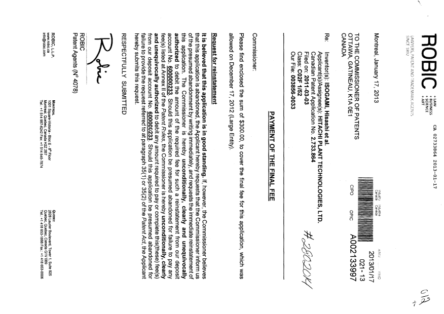 Document de brevet canadien 2733864. Correspondance 20130117. Image 1 de 2