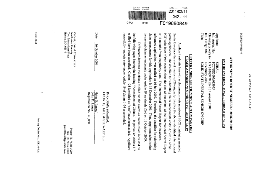 Document de brevet canadien 2733940. Poursuite-Amendment 20110211. Image 1 de 9