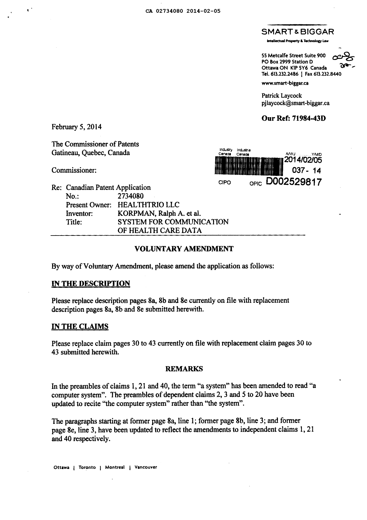 Canadian Patent Document 2734080. Prosecution-Amendment 20140205. Image 1 of 19