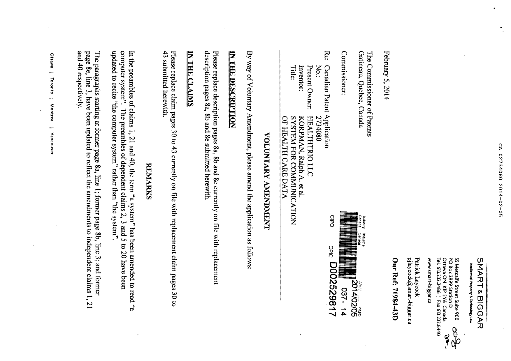 Document de brevet canadien 2734080. Poursuite-Amendment 20140205. Image 1 de 19