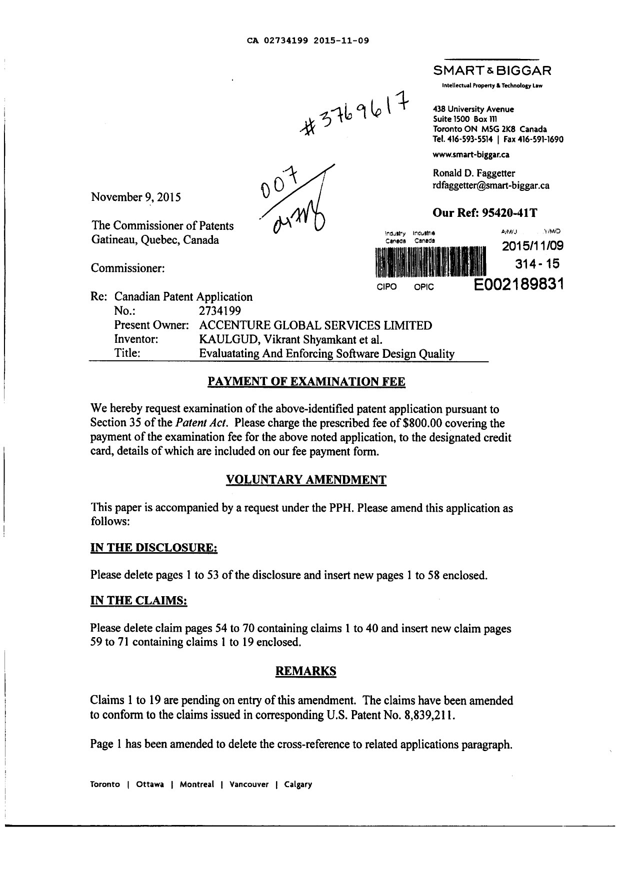 Document de brevet canadien 2734199. Poursuite-Amendment 20151109. Image 1 de 75