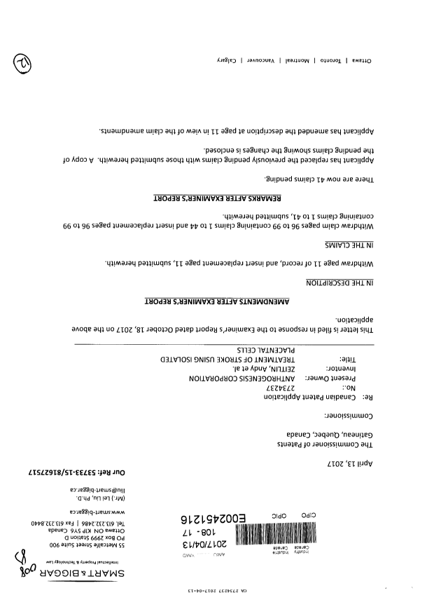 Canadian Patent Document 2734237. Amendment 20170413. Image 1 of 12