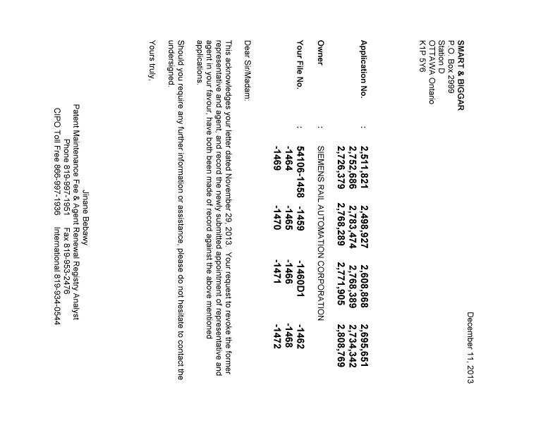 Document de brevet canadien 2734342. Correspondance 20131211. Image 1 de 1