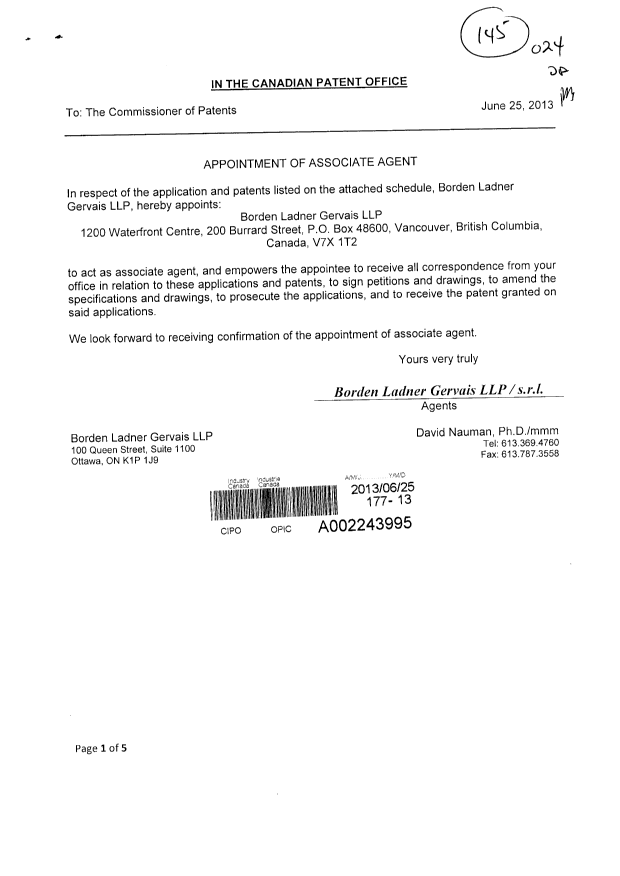 Canadian Patent Document 2734679. Correspondence 20130625. Image 1 of 5