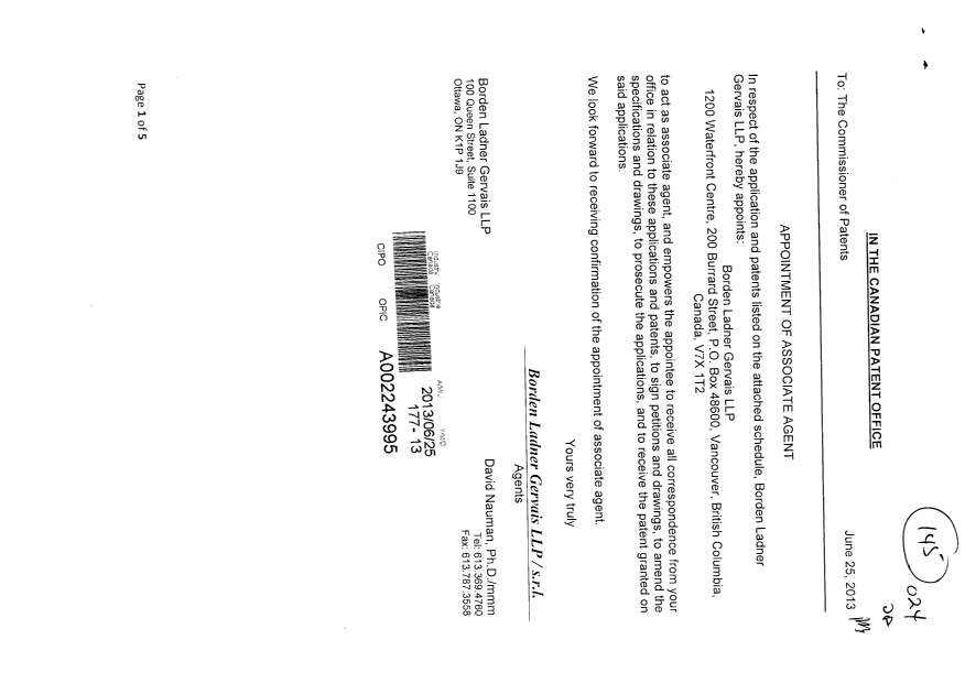 Document de brevet canadien 2734679. Correspondance 20130625. Image 1 de 5