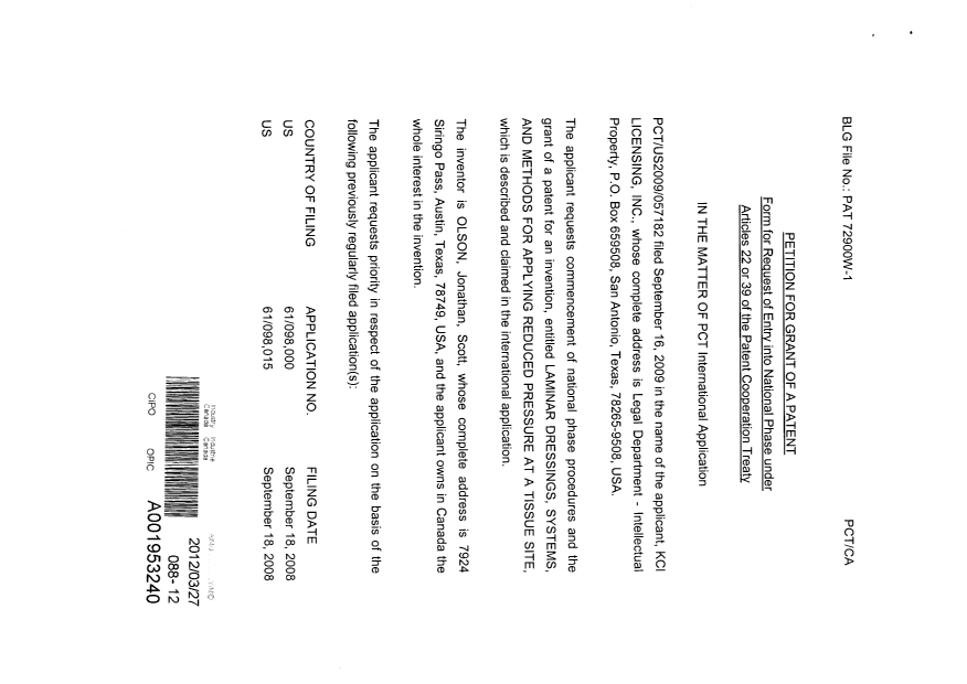 Canadian Patent Document 2735016. Correspondence 20120327. Image 2 of 3
