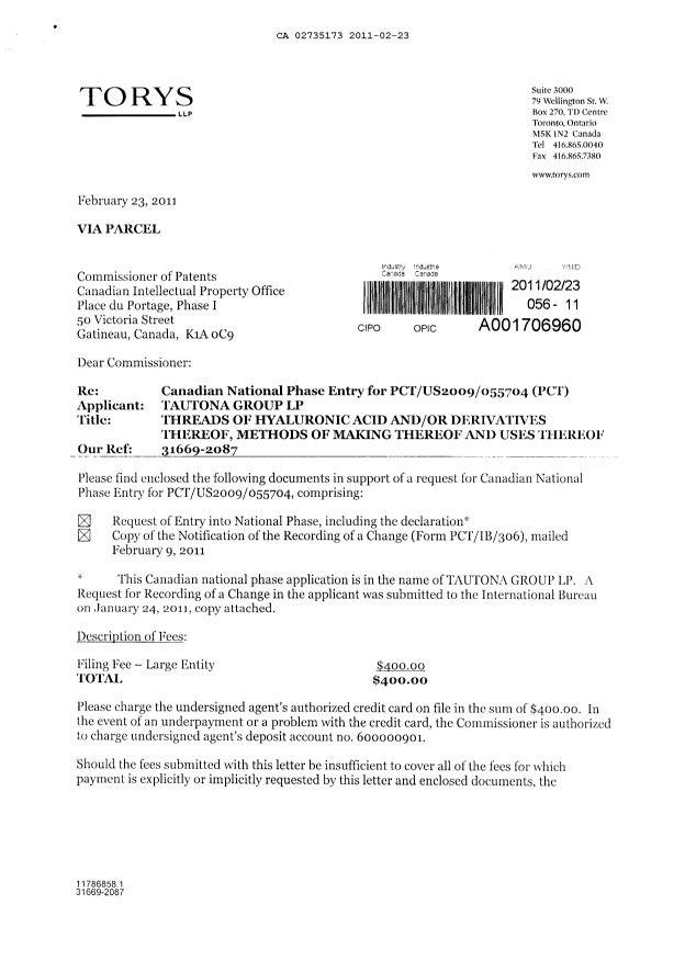 Document de brevet canadien 2735173. Cession 20110223. Image 1 de 3