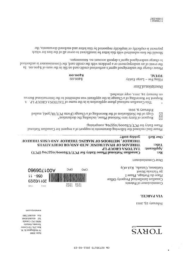 Canadian Patent Document 2735173. Assignment 20110223. Image 1 of 3