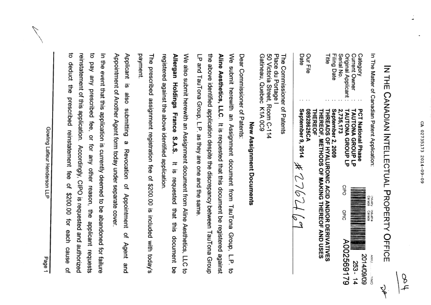 Canadian Patent Document 2735173. Assignment 20140909. Image 1 of 24