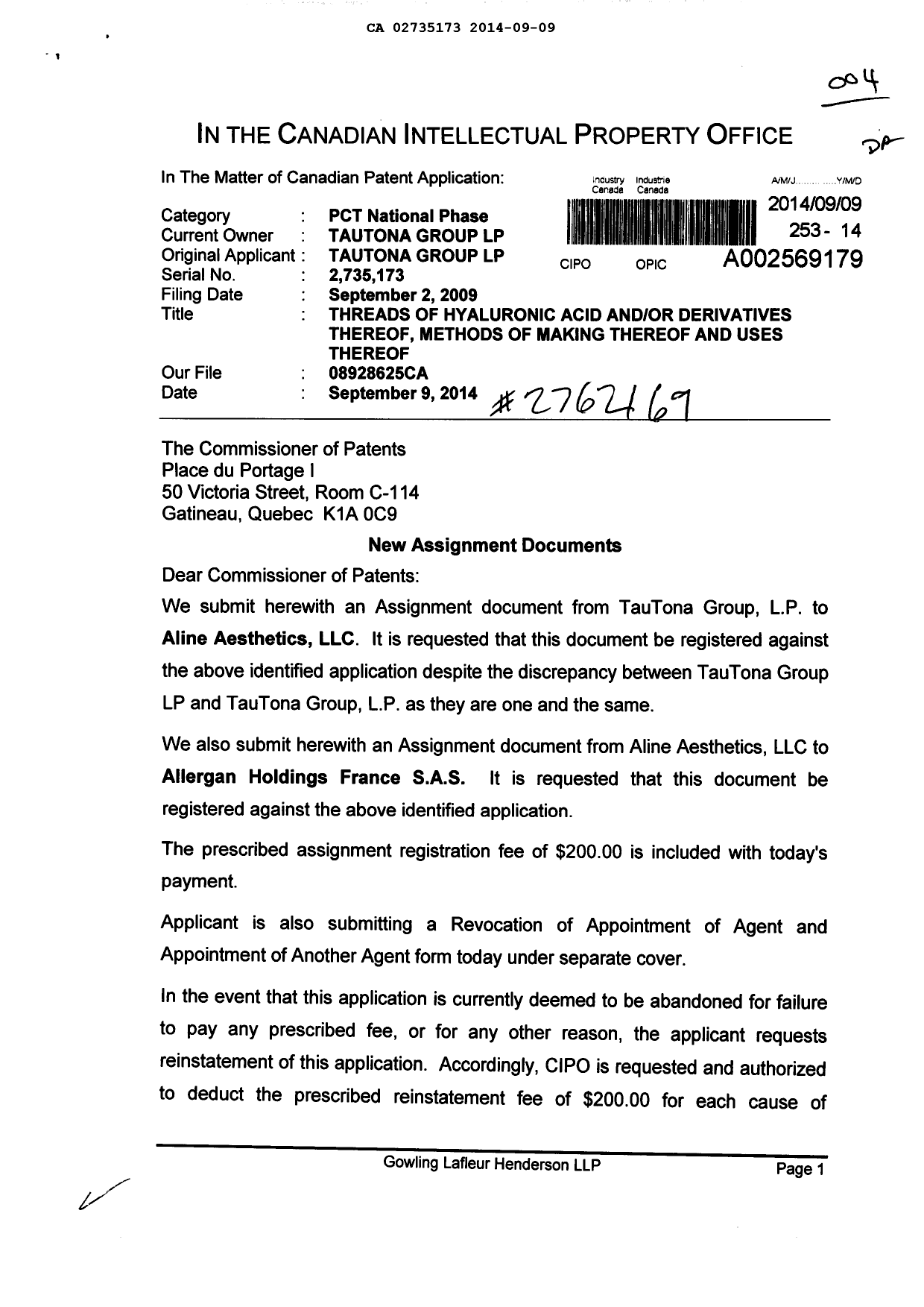 Document de brevet canadien 2735173. Cession 20140909. Image 1 de 24
