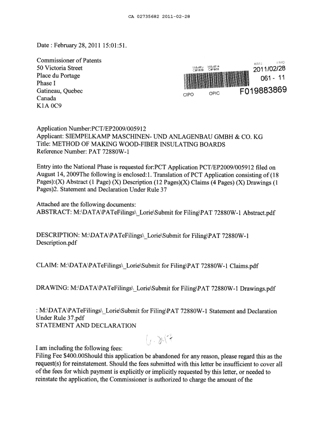 Document de brevet canadien 2735682. Cession 20110228. Image 1 de 6