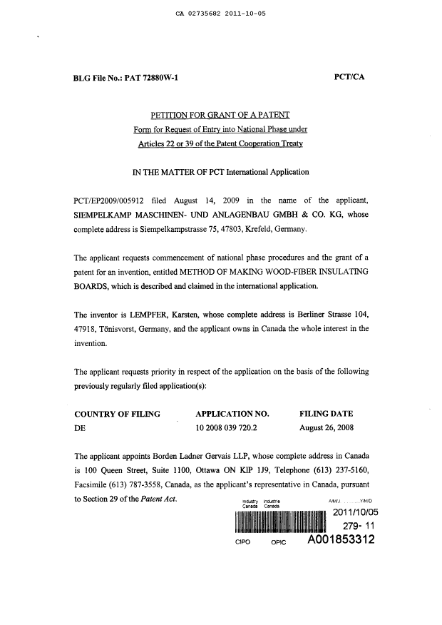 Document de brevet canadien 2735682. Correspondance 20111005. Image 2 de 3