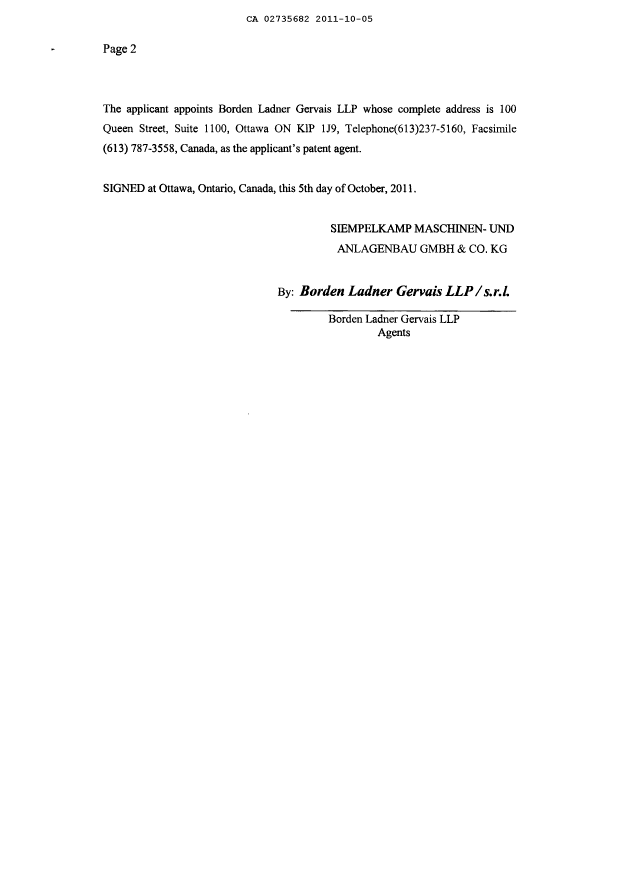 Document de brevet canadien 2735682. Correspondance 20111005. Image 3 de 3