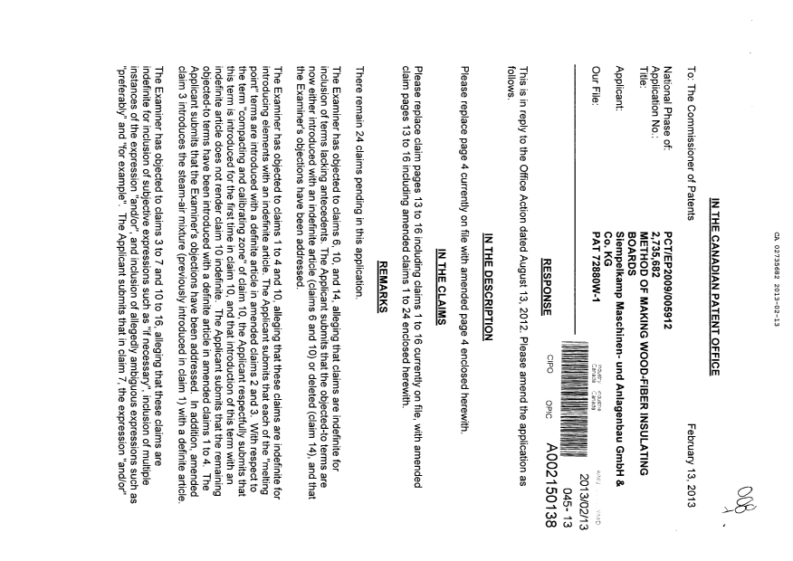 Document de brevet canadien 2735682. Poursuite-Amendment 20130213. Image 1 de 8