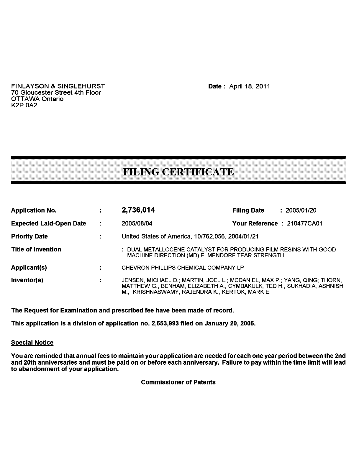 Document de brevet canadien 2736014. Correspondance 20110418. Image 1 de 1