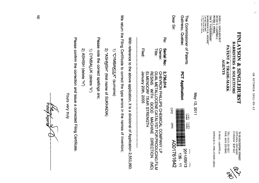 Document de brevet canadien 2736014. Correspondance 20110513. Image 1 de 2