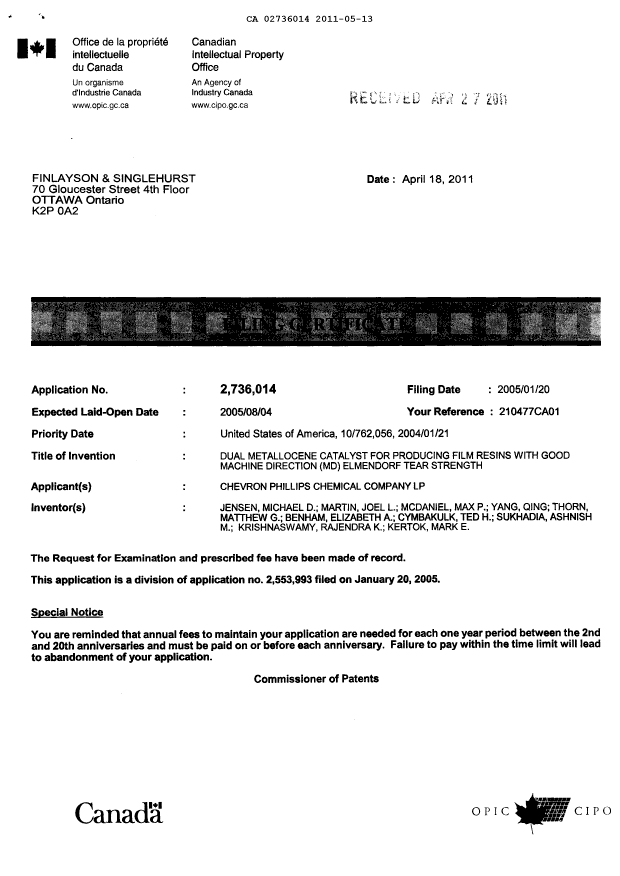 Document de brevet canadien 2736014. Correspondance 20110513. Image 2 de 2