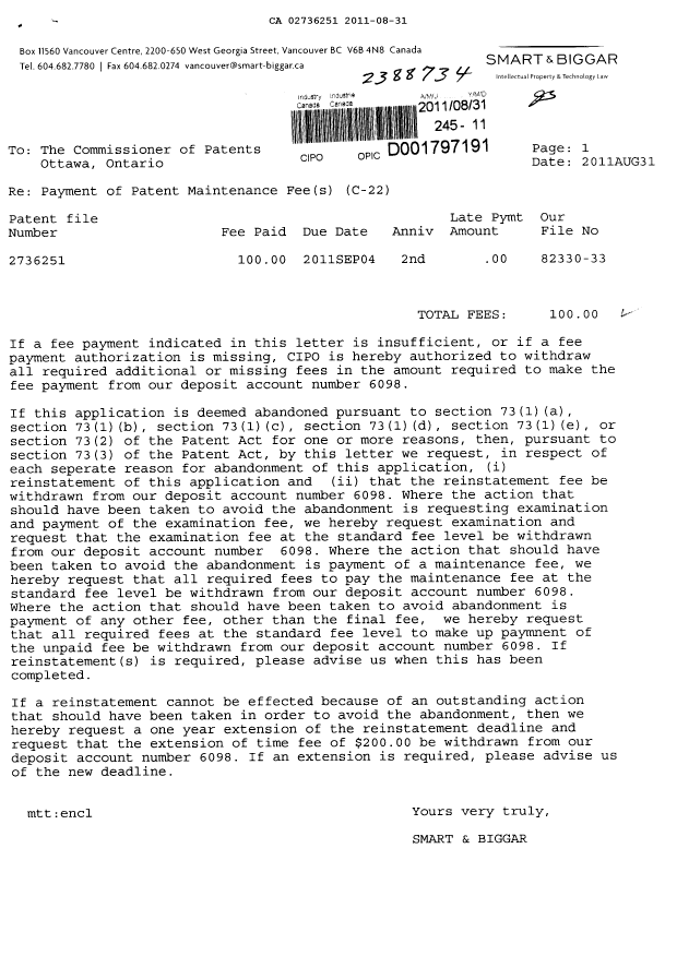 Canadian Patent Document 2736251. Fees 20110831. Image 1 of 1