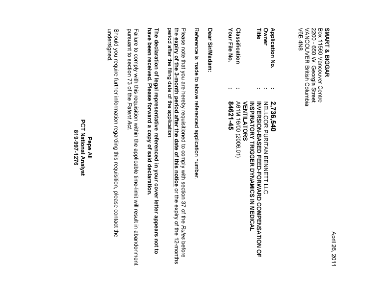 Document de brevet canadien 2736540. Correspondance 20110426. Image 1 de 1