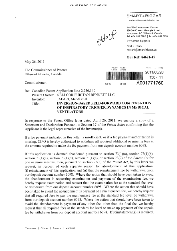 Canadian Patent Document 2736540. Correspondence 20110526. Image 1 of 3