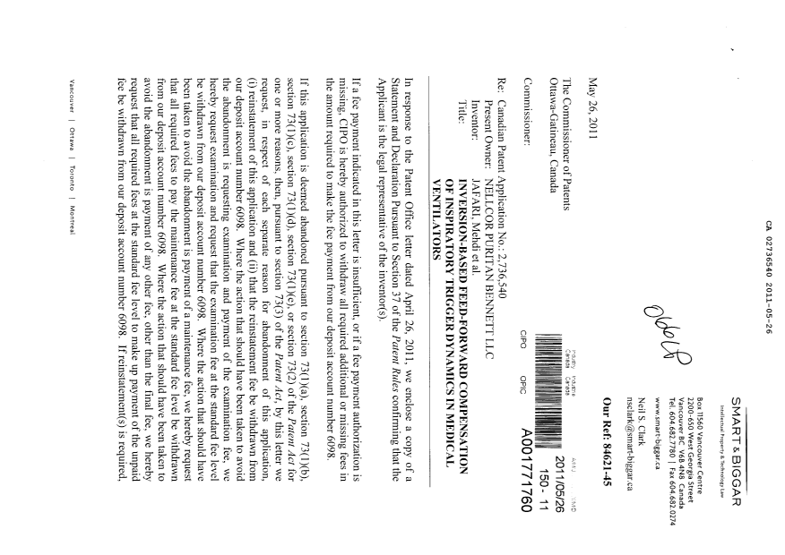 Document de brevet canadien 2736540. Correspondance 20110526. Image 1 de 3