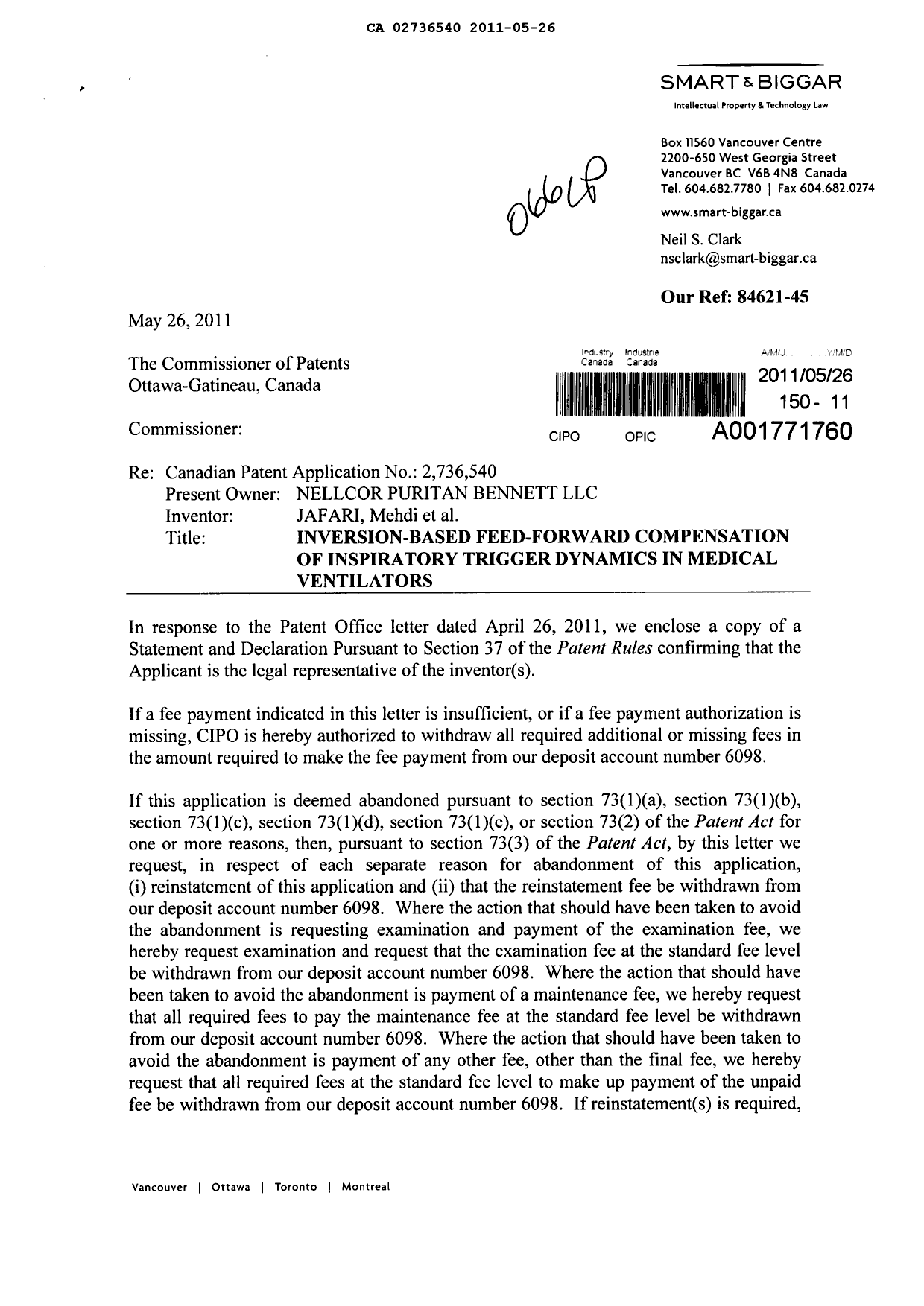 Document de brevet canadien 2736540. Correspondance 20110526. Image 1 de 3