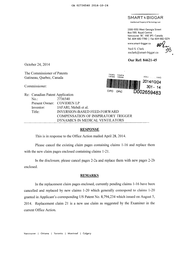 Canadian Patent Document 2736540. Prosecution-Amendment 20141024. Image 1 of 13