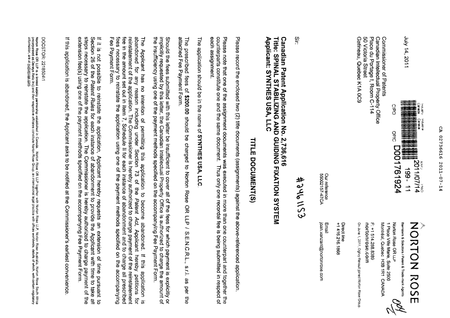 Document de brevet canadien 2736616. Cession 20110714. Image 1 de 14