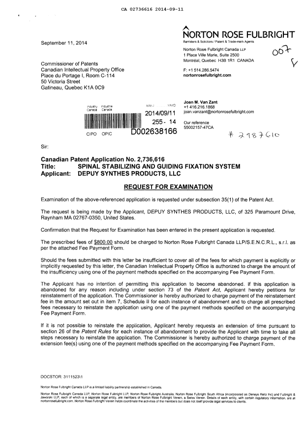 Document de brevet canadien 2736616. Poursuite-Amendment 20140911. Image 1 de 2