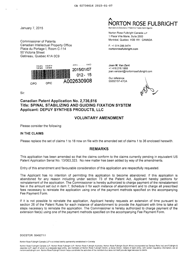 Document de brevet canadien 2736616. Poursuite-Amendment 20150107. Image 1 de 12