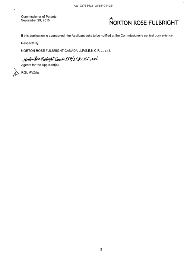 Document de brevet canadien 2736616. Modification 20150929. Image 2 de 2