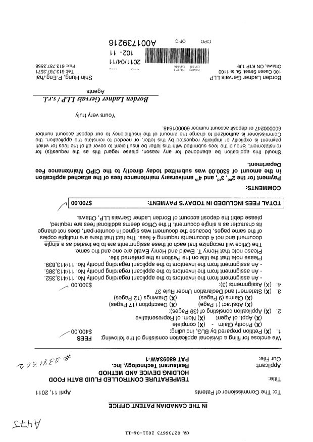 Canadian Patent Document 2736673. Assignment 20110411. Image 1 of 38